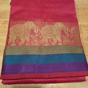 Stunning Pink & Gold Banarasi-Style Saree Sari Elephant Border Multicolor Pallu